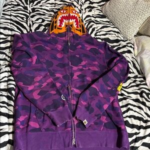 Purple Camo Kids' Zip Hoodie with Shark Hood
